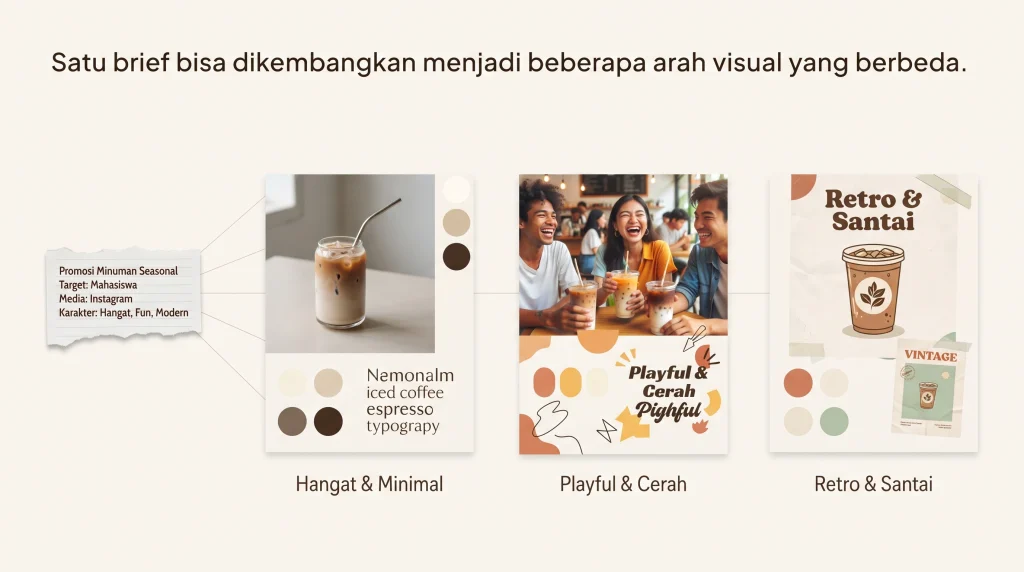 Halaman eksplorasi konsep desain di Figma menampilkan satu brief yang dikembangkan menjadi tiga arah visual berbeda oleh desainer.