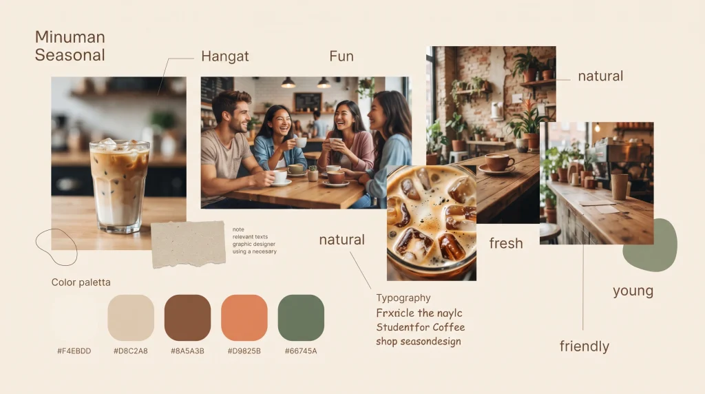 Moodboard editorial kampanye minuman seasonal coffee shop untuk mahasiswa sebagai referensi visual desainer.