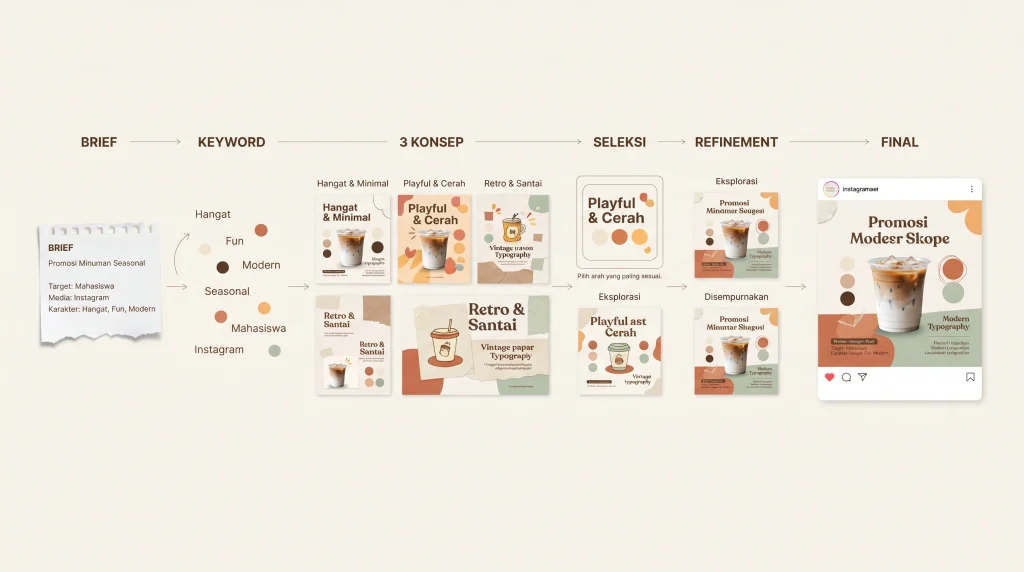 Alur kerja grafis dari brief, keywords, eksplorasi konsep AI, seleksi, hingga refinement menjadi poster Instagram final.