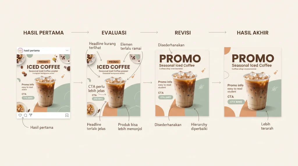 Proses evaluasi dan revisi desain poster AI oleh desainer untuk memperbaiki hierarki visual dan informasi.