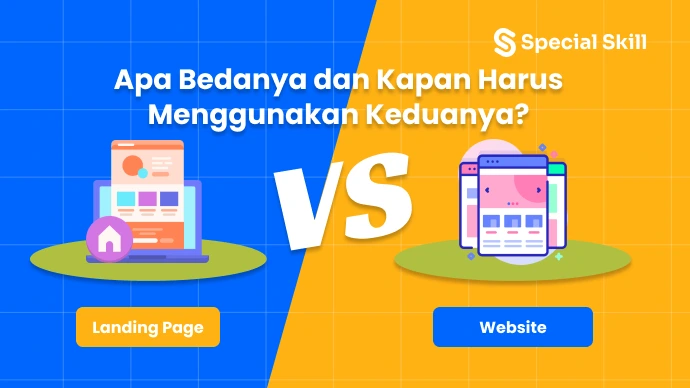 Ilustrasi perbandingan desain antara landing page dan website untuk artikel digital marketing.