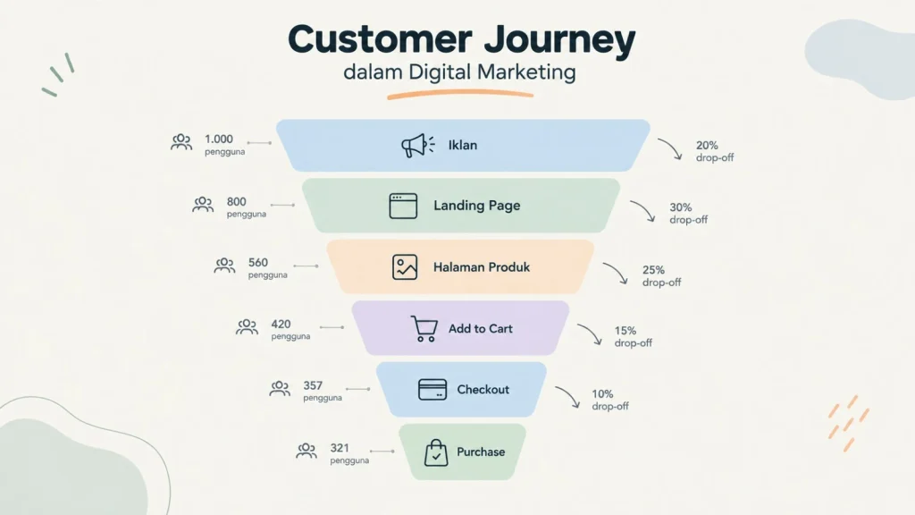 Funnel customer journey yang menunjukkan alur dari iklan, landing page, halaman produk, add to cart, checkout, hingga purchase