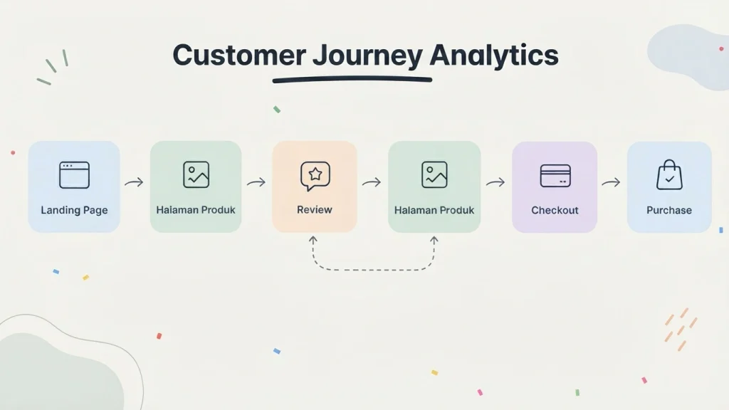 Diagram customer journey analytics yang menunjukkan jalur pengguna dari landing page, halaman produk, review, checkout, hingga purchase