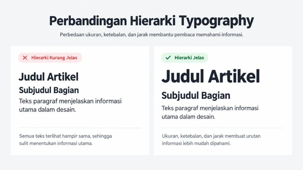 Perbandingan hierarki typography yang jelas dan kurang jelas dalam desain, menunjukkan perbedaan ukuran judul, subjudul, ketebalan font, dan jarak teks.