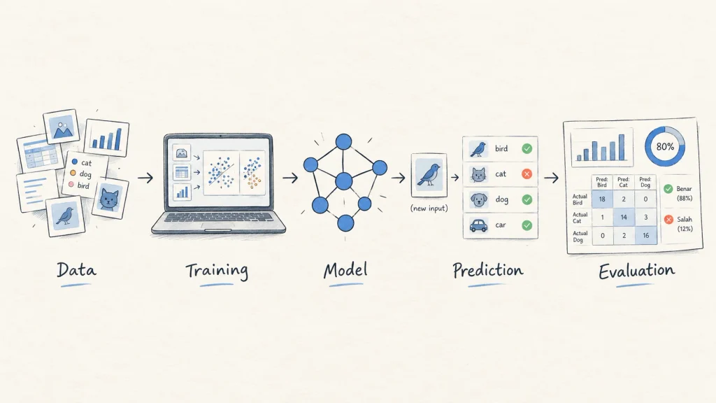 alur kesalahan prediksi machine learning dari training hingga evaluasi model