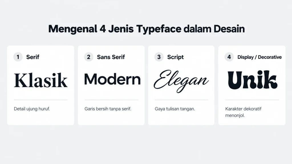 Infografis empat jenis font dalam desain grafis, yaitu Serif, Sans Serif, Script, dan Display, beserta karakteristik masing-masing.