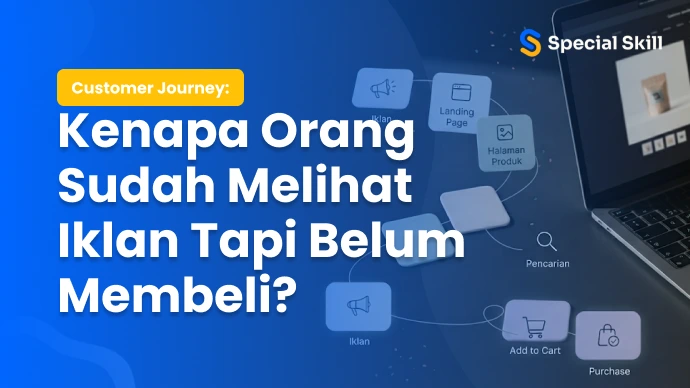Ilustrasi customer journey yang menggambarkan perjalanan pelanggan dari mengenal brand hingga melakukan pembelian.