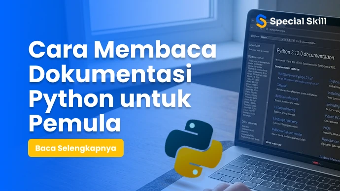 Ilustrasi membaca dokumentasi Python di laptop