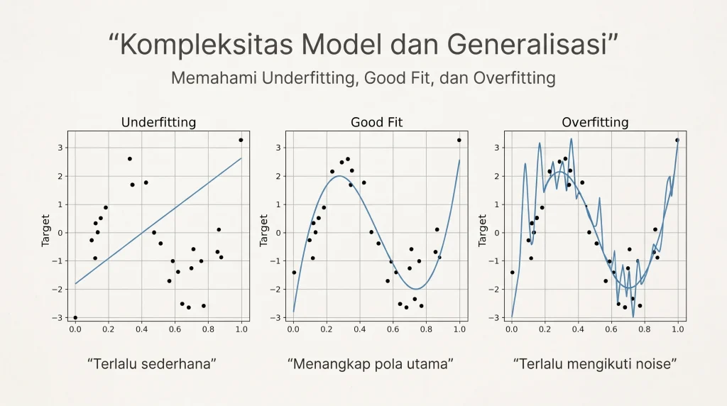 perbandingan underfitting dan overfitting pada kesalahan prediksi machine learning
