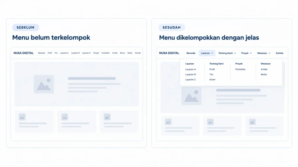 Perbandingan navigasi website dengan dua belas menu sejajar dan menu yang telah dikelompokkan