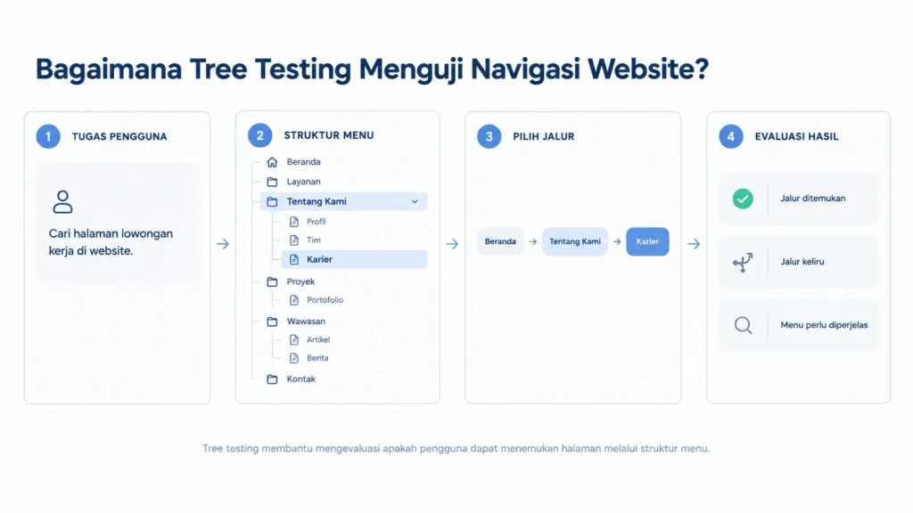 Ilustrasi proses tree testing untuk menguji kemudahan menemukan halaman website