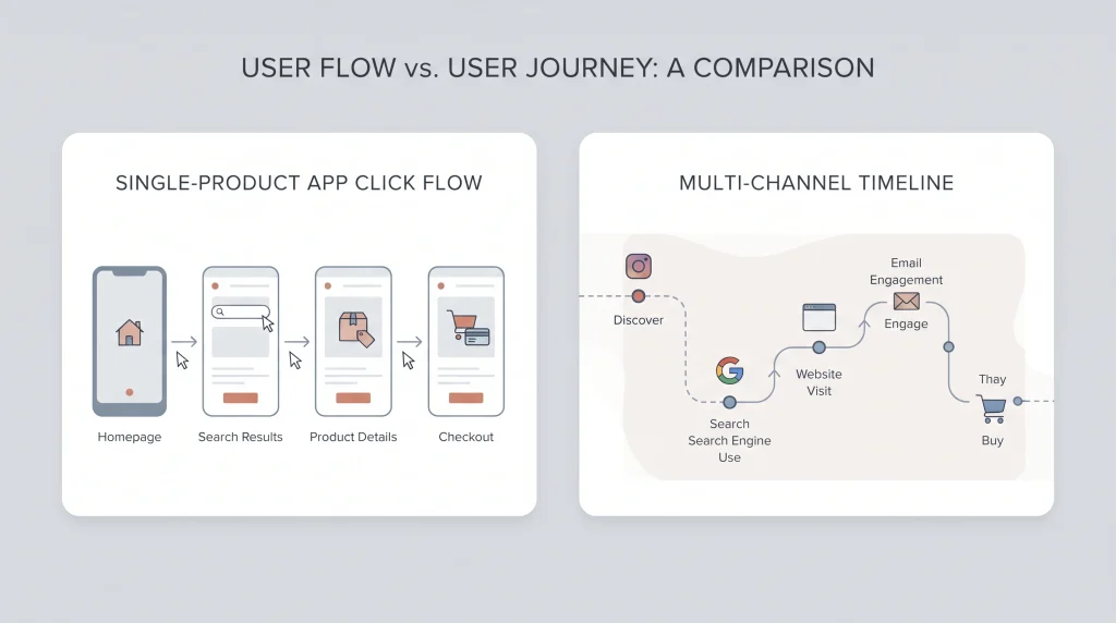 Perbandingan visual berdampingan antara fokus mikro user flow di dalam aplikasi dan makro user journey yang lintas kanal