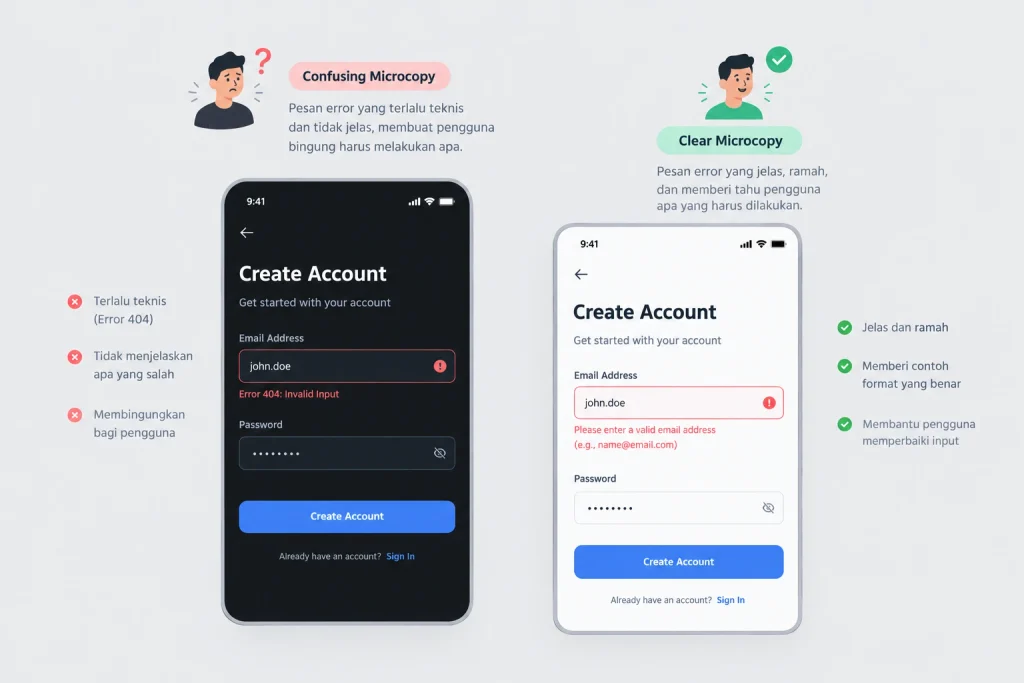 Perbandingan antarmuka aplikasi dengan microcopy buruk dan microcopy jelas untuk mengurangi beban mental pengguna.