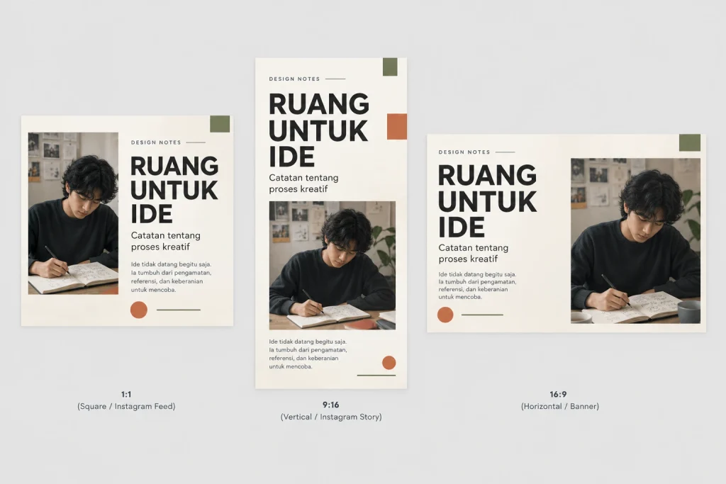 Perbandingan layout desain grafis pada forma persegi, vertikal, dan horizontal