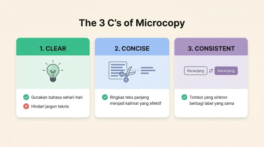 Infografis tiga prinsip utama penulisan microcopy UI/UX yang mencakup Clear, Concise, dan Consistent.