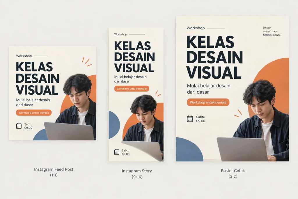 cobtoh adaptasi desain promosi kelas desain visual untuk unggahan Instagram, Instagram Story, dan poster cetak
