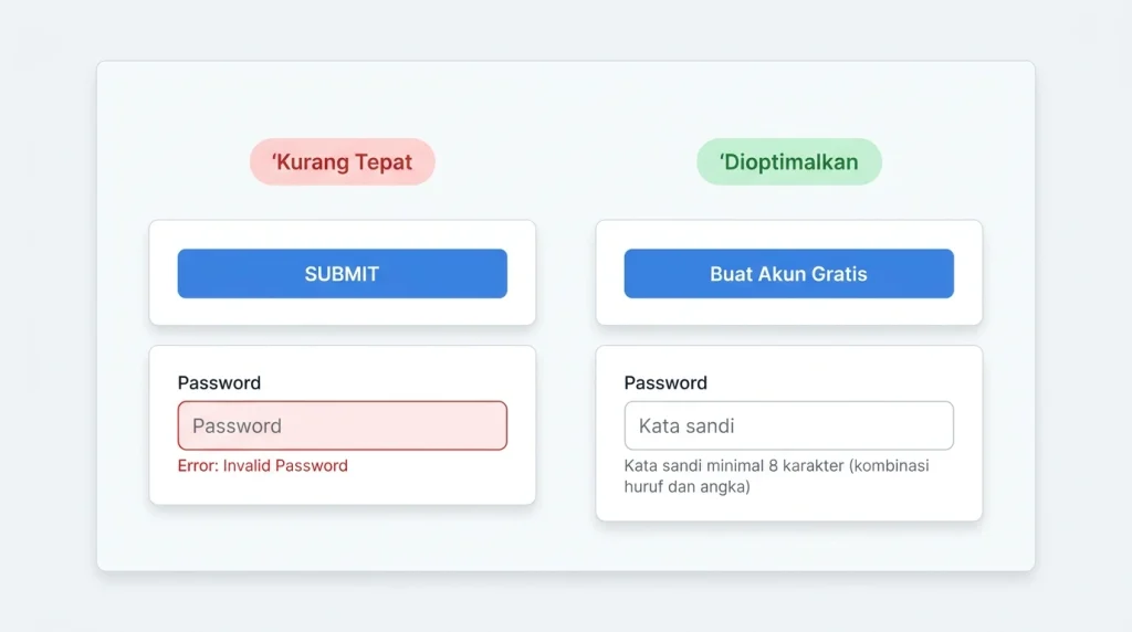 Contoh perbandingan tombol CTA dan form input sebelum dan sesudah optimasi microcopy UI/UX.