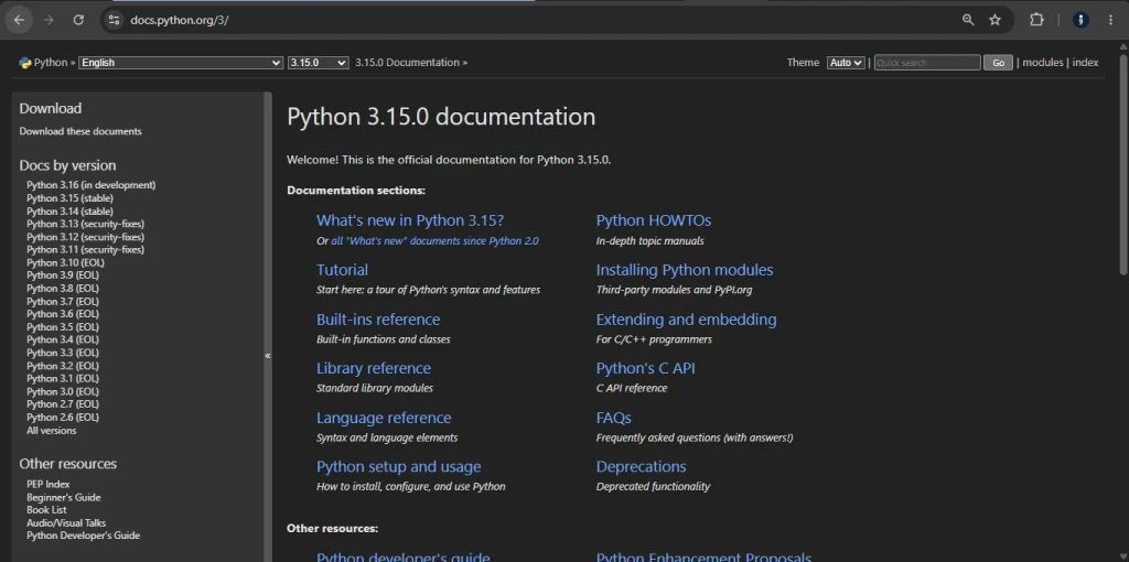 Contoh dokumentasi resmi Python untuk mempelajari fungsi dan parameternya