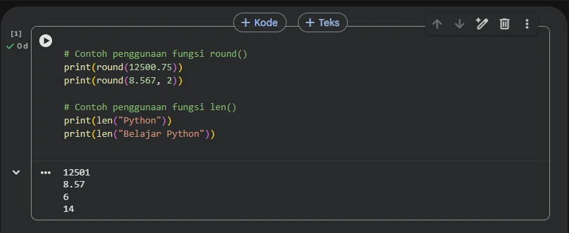 Contoh penggunaan fungsi round dan len dalam Python beserta hasilnya